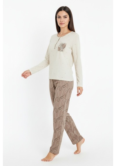 Üstü Puantiyeli Altı Çizgi Desenli Elite Viscose Uzun Pijama Takımı Krem 3569 Kahverengi