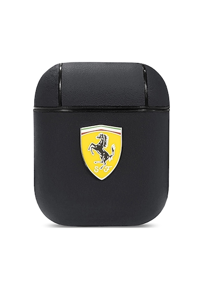 Apple Uyumlu AirPods Kılıf Ferrari Lisanslı Pu Deri Metal Logolu Sf Arka Yüzey Yazılı Kapak Siyah
