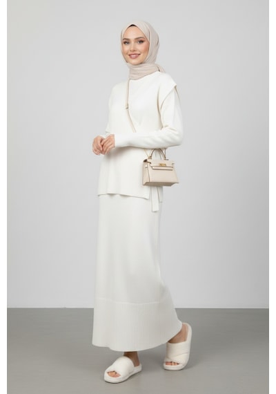 Defymoda Kadın Krem Modest Triko Tunik Elbise Takım Kremrengi