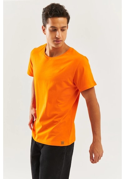 Erkek Oversize Rahat %100 Pamuklu Penye Bisiklet Yaka Kısa Kol Basic T-shirt Turuncu