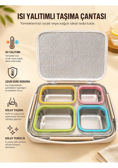 Valkyrie 1500 Ml 4 Bölmeli Paslanmaz Çelik Lunch Box Termal Çantalı 304 Çelik Sızdırmaz Yemek Kabı Çok Renkli