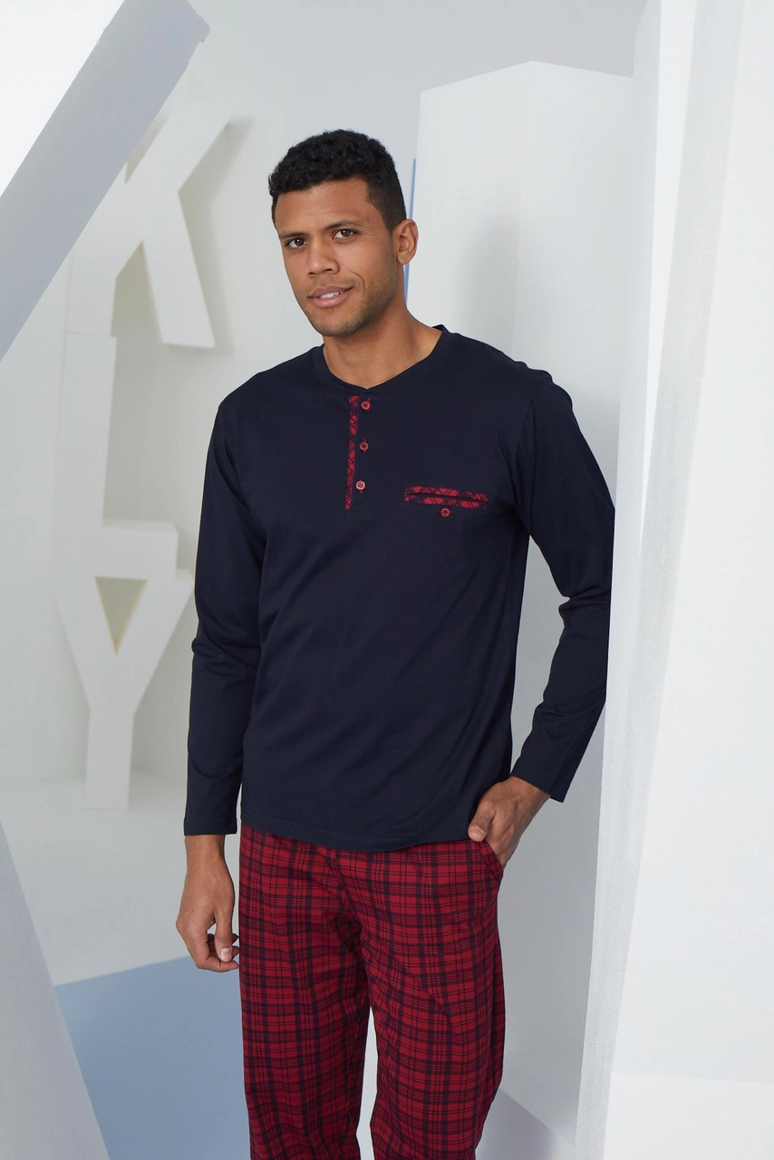 Kly Erkek %100 Pamuklu 4 Mevsim Kumaş Ekoseli Uzun Kollu Pijama Takım Lacıvert
