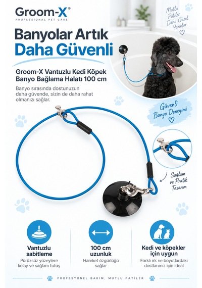 Groom-x Vantuzlu Kedi Köpek Banyo Bağlama Halatı 100 Cm - Banyolar Artık Daha Güvenli