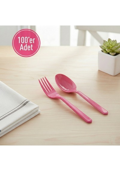 100 'er Adet Pembe Plastik Lüx Çatal Ve Kaşık Seti