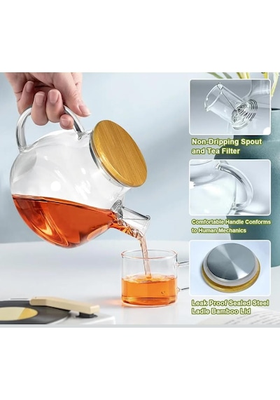 1000 Ml Bambu Kapaklı Isıya Dayanıklı Cam Demlik Cam Sürahi Şeffaf
