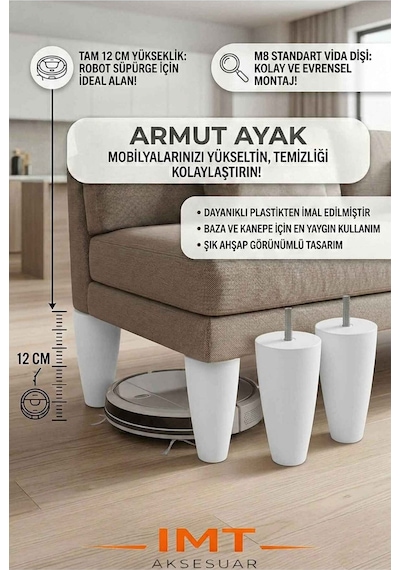 İmt Aksesuar Armut Mobilya Ayağı 4 Adet 12 Cm Beyaz Robot Süpürgeye Uyumlu Koltuk Kanepe Baza Ayağı Seti Beyaz
