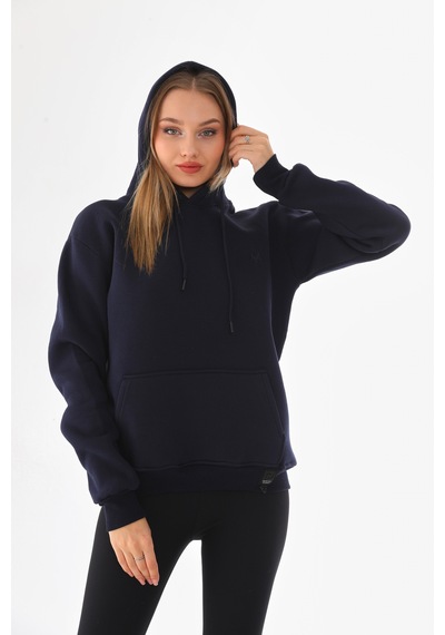 Everest Everst Kapüşonlu 3 İplik Şardonlu Cepli Sweatshirt Lacivert