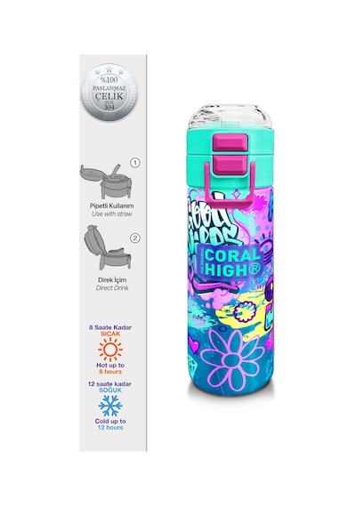Coral High Kids Lavanta Su Yeşili Grafiti Desenli Pipetli Ve Direkt İçim Çelik Termos 500 Ml 31971 Lacivert Gül