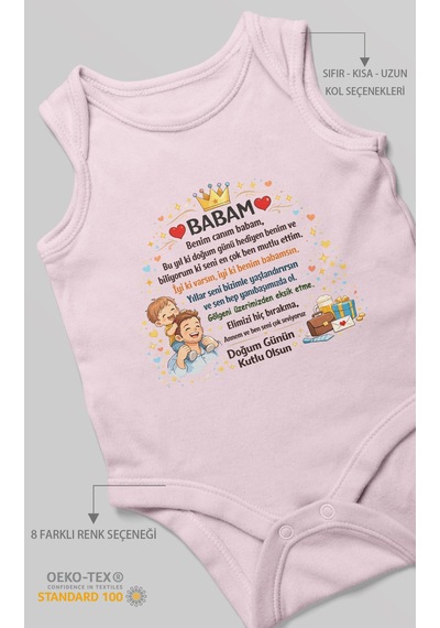 Morivokids Babam Doğum Günün Kutlu Olsun Sıfır Kollu Bebek Zıbını %100 Pamuk Bebe Pembe