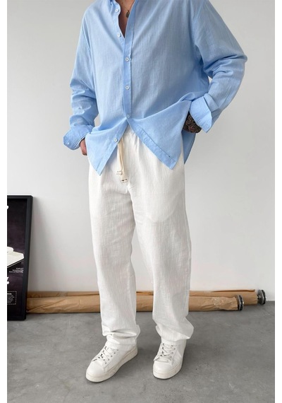 Beyaz Nakışlı Baggy Keten Pantolon Beyaz