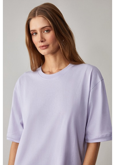 Grımelange Jemmy  Kadın %100 Organik Pamuk Relaxed Fit Yırtmaçlı Yuvarlak Yakalı Lila T-Shirt