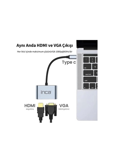 Inca Itpc-06tx Usb C 4in1 Hdmı+vga+usb+güç Dağıtım Adap 4k 30hz Hdmı Çoklayıcı 100w Pd Güçı