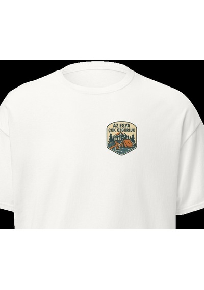 Wildstyle Az Eşya Çok Özgürlük Renkli Kamp Doğa Minimalist Baskılı Unisex Bisiklet Yaka Pamuklu Tişört - Beyaz