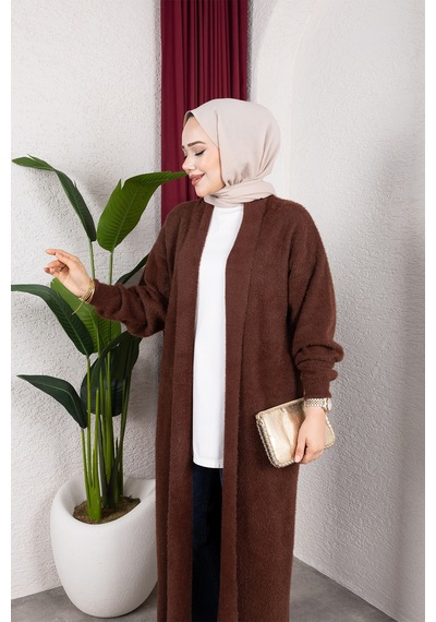 Hira Life Fashion Kadın Şal Yaka Uzun Triko Ve Sakallı Tüylü Hırka Kahverengi Kahverengi