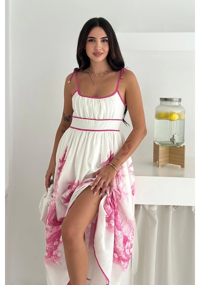 Asprin Fashion Desenli Keten Elbise Pembe Pembe
