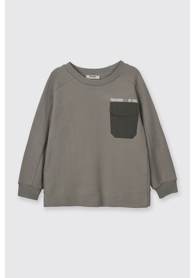 Panço Erkek Çocuk Yuvarlak Yaka Cepli Baskılı Parça Detaylı Antrasit Sweatshirt Gri