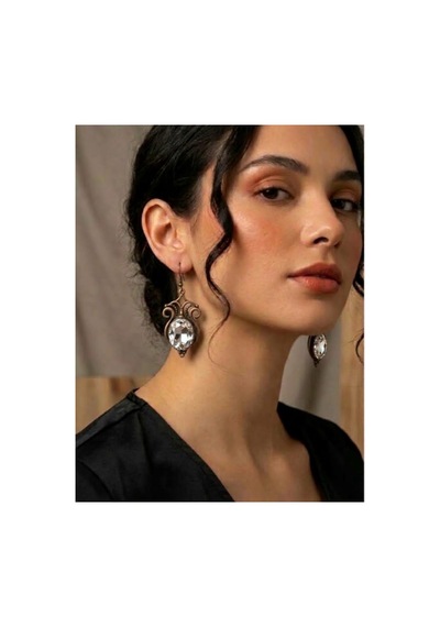 Bronz Kristal Taşlı Vintage Kadın Küpe Beyaz - 935450377 Beyaz