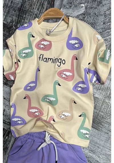 Riccotarz Kız Çocuk Flamingo Baskılı Kısa Kollu Mor Şortlu Takım 001