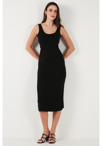 Lela Slim Fit Kalın Askılı Midi Bayan Elbise 5866154 Siyah