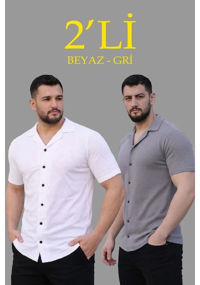 Erkek Waffle Dokuma Açık Yakalı Düğmeli Regular Kalıp 2 Li Gömlek Seti - Beyaz & Gri Çok Renkli