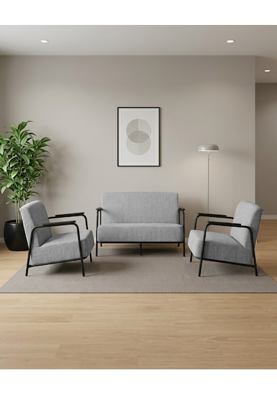 Atlas 2+1+1 Dokuma Kumaş Ofis Cafe Bekleme Koltuk Takımı Siyah Metal Açık Gri