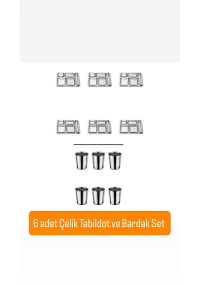 12 Parça Piknik Kahvaltılık Çelik Tabildot Set 6 Adet Tabldot ,6 Adet Bardak gümüş