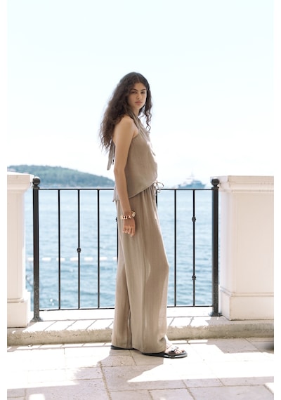 Mai Collection Mai Studios Co. Cadhas Boyundan Bağlamalı Haki Crop Pantolon Takım Haki