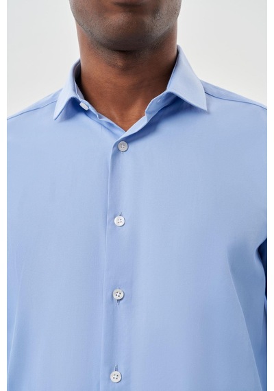 İmza Mavi Uzun Kol Düz Bez Ayağı Yarım İtalyan Yaka Cepsiz Pamuklu Classic Slim Fit Gömlek 1004245268 Mavi