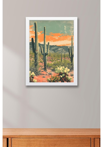 Saguaro Kaktüsü Ve Çöl Bitkileri Çerçeveli Tablo - Pop Art Poster Tablo