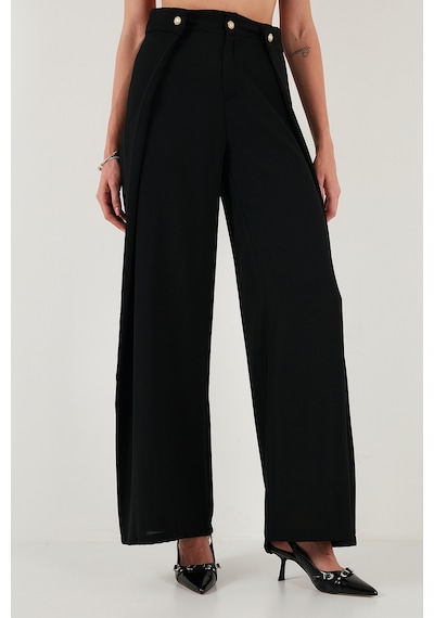 Lela Düğmeli Pile Detaylı Wide Leg Yüksek Bel Geniş Paça Bayan Pantolon 68351133 Siyah
