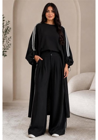 Neşeli Butik Kadın Siyah Şerit Detaylı Oversize Tunik Pantolon İkili Tesettür Takım Nms102