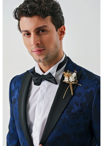 İmza Koyu Lacivert Çıkarılabilir Kırlangıç Yaka Likralı 6 Drop Slim Fit Smokin Damatlık 1001240204-Koyu Lacivert