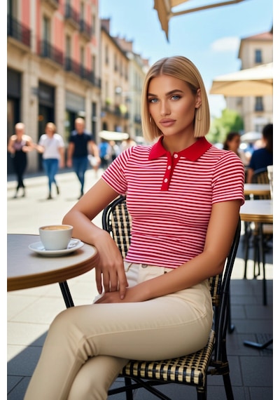 Benerly Kadın Bluz Polo Yaka Kısa Kol Fitted Kalıp Çizgili Desen Crop Boy Kırmızı