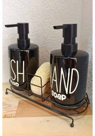 Buççin Online Mağaza 2'li Metal Stantlı Ve Süngerli Porselen Sıvı Sabunluk Mutfak Ve Banyo Seti, Hand And Dish Fenomen Se Çok Renkli