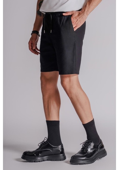 Braccas Erkek Yandan Cepli Beli Lastikli Keten Dokulu Relaxed Fit Jogger Şort Siyah Siyah