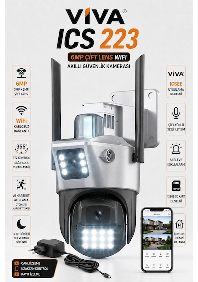 Viva Ics-223 6mp Çift Lensli Wifi Akıllı Güvenlik Kamerası 3mp+3mp Ptz Ip66 Su Geçirmez Gece Görüşlü Aı Takip