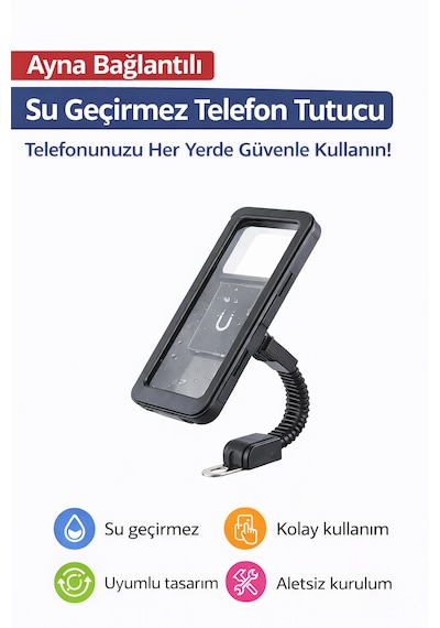 Motosiklet İçin Su Geçirmez Telefon Tutucu Ayna Bağlantılı Şarj Girişli Ve Kulaklık Girişli Beyaz - Siyah