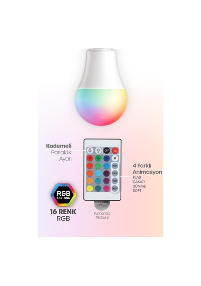 Kumandalı Rgb Renkli Led Ampul 9w E27 Parlaklık Renk Değiştiren Dimmerli Led Aydınlatma Lamba 1 Ad