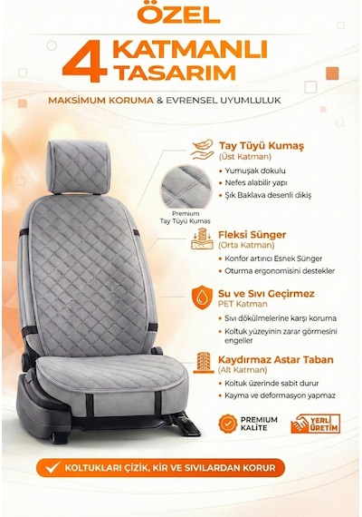 Oto Koltuk Kılıfı Tay Tüyü 2'li Ön Minder Terletmez Kaymaz Airbag Uyumlu - Gri