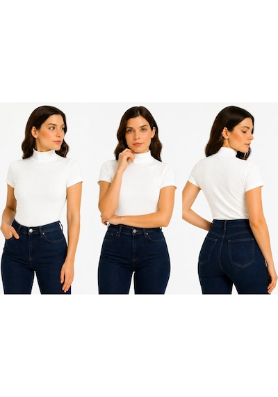 İngegno Body Yarım Balıkçı Yaka Kısa Kol Örme Kumaş Viskon Body Kadın Beyaz