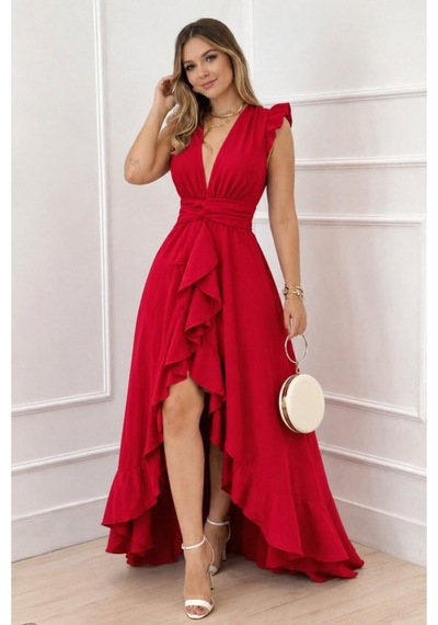 Butik İstanbul Kadın Askılı Kruvaze Yakalı Önü Volanlı Uzun Krep Elbise Kırmızı