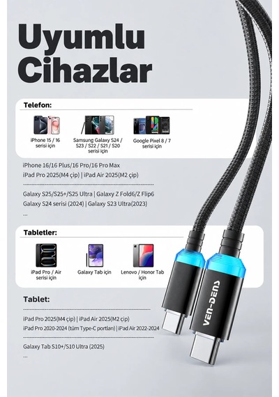 Ven-dens Vd-dc04cc 60 W Pd Type-c To Type-c Hızlı Şarj Ve Veri Kablosu, 1 Metre, Naylon Örgü, Siyah