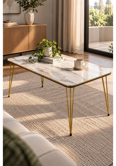 Sulorahome Gold Metal Ayaklı Orta Sehpa Altın - Mermer