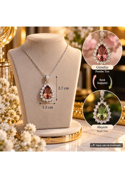 Zultanit Renk Değiştiren Sultanit Damla Taşlı Çelik Zincirli Kutulu Keseli Kolye Çok Renkli 92226648