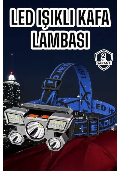 Ultra Güçlü Led Işık Şarjlı Kafa Lambası Balıkçı Lambası Kafa Feneri Sarı