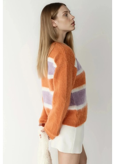 Hiccup Relaxed Fit Renkli Çizgili Triko Kazak Neon Pembe