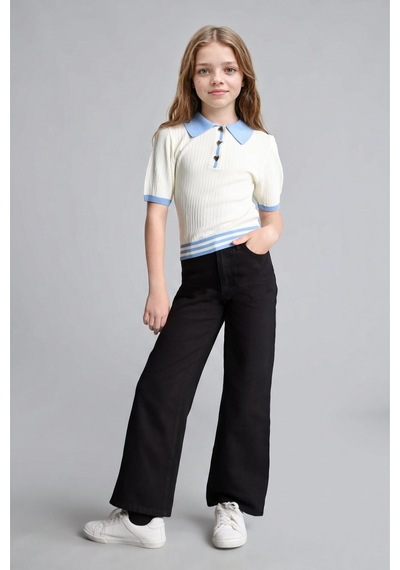 Defacto Regular Fit Kısa Kollu Fitilli Polo Yaka Kazak Kız Çocuk I1714a826auwt34 Beyaz-wt34