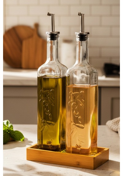 Lara - 2'li Bambu Standlı Cam Zeytinyağı Sıvıyağ Şişesi Yağdanlık Damlatmaz Yağlık Sirkelik 500ml