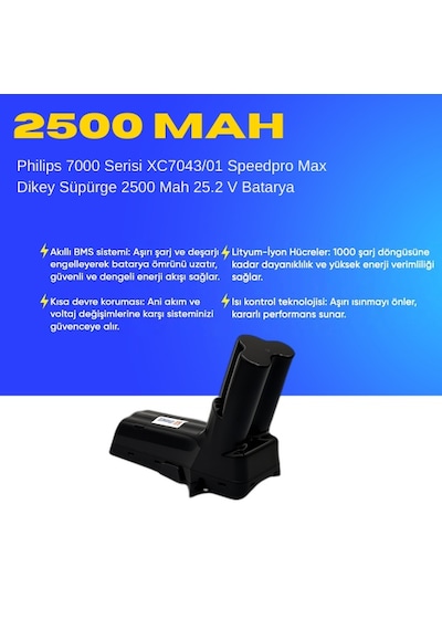 Philips 7000 Serisi Xc7043/01 Speedpro Max Dikey Süpürge 2500 Mah 25.2 V Batarya  Uyumlu Uzun Ömürlü, Yüksek Performans Pil