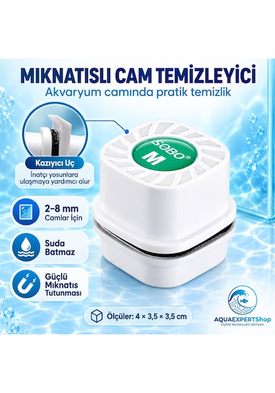 Sobo Akvaryum Mıknatıslı Cam Temizleyici - Suda Batmaz - 4 X 3.5 X 3.5 Cm - Ekstra Yosun Kazıyıcı Uç - Güçlü Mıknatıs Tutunma Gücü